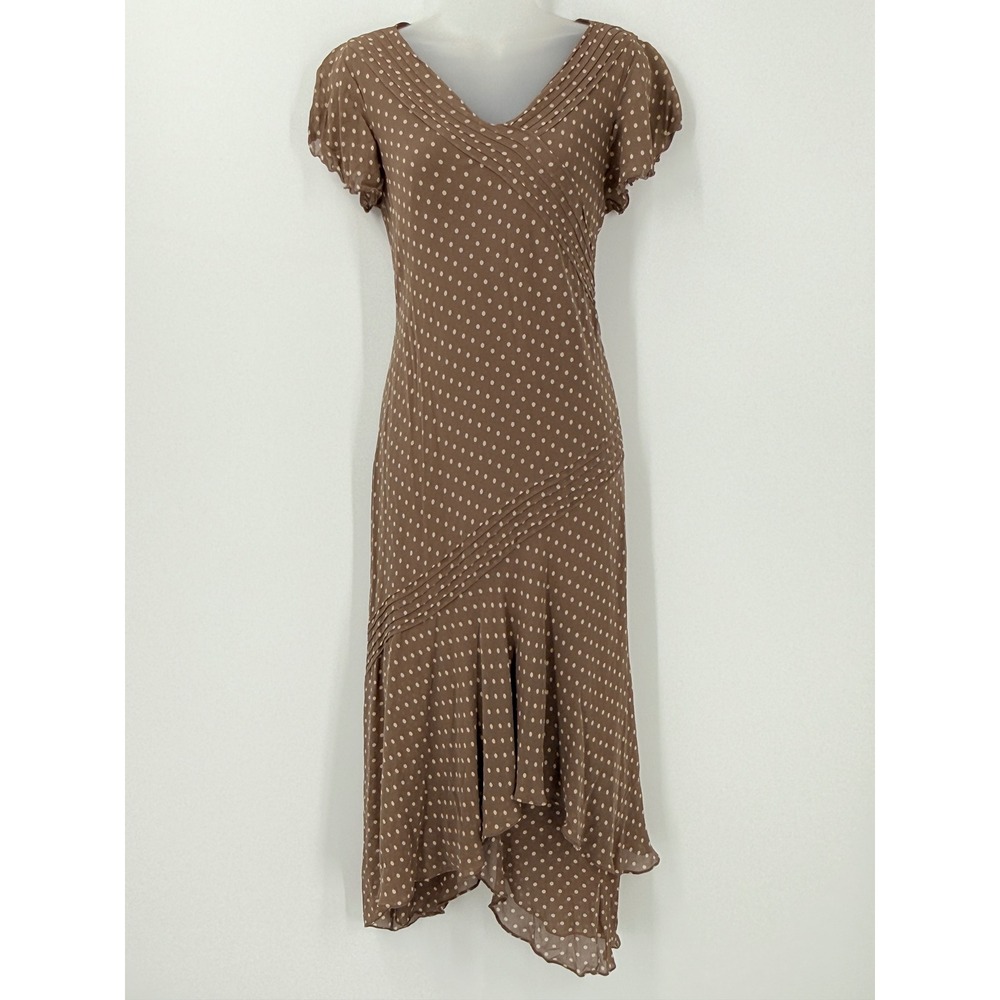 vtg y2k Papell Brown Polka Dot‎ 100% Silk Midi Dress sz 14P drop waist retro 90s